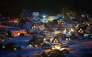 high-angle photo of lighted houses during nighttime