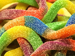 multicolored worm candies, candies, sugar , Gummy Worms HD wallpaper
