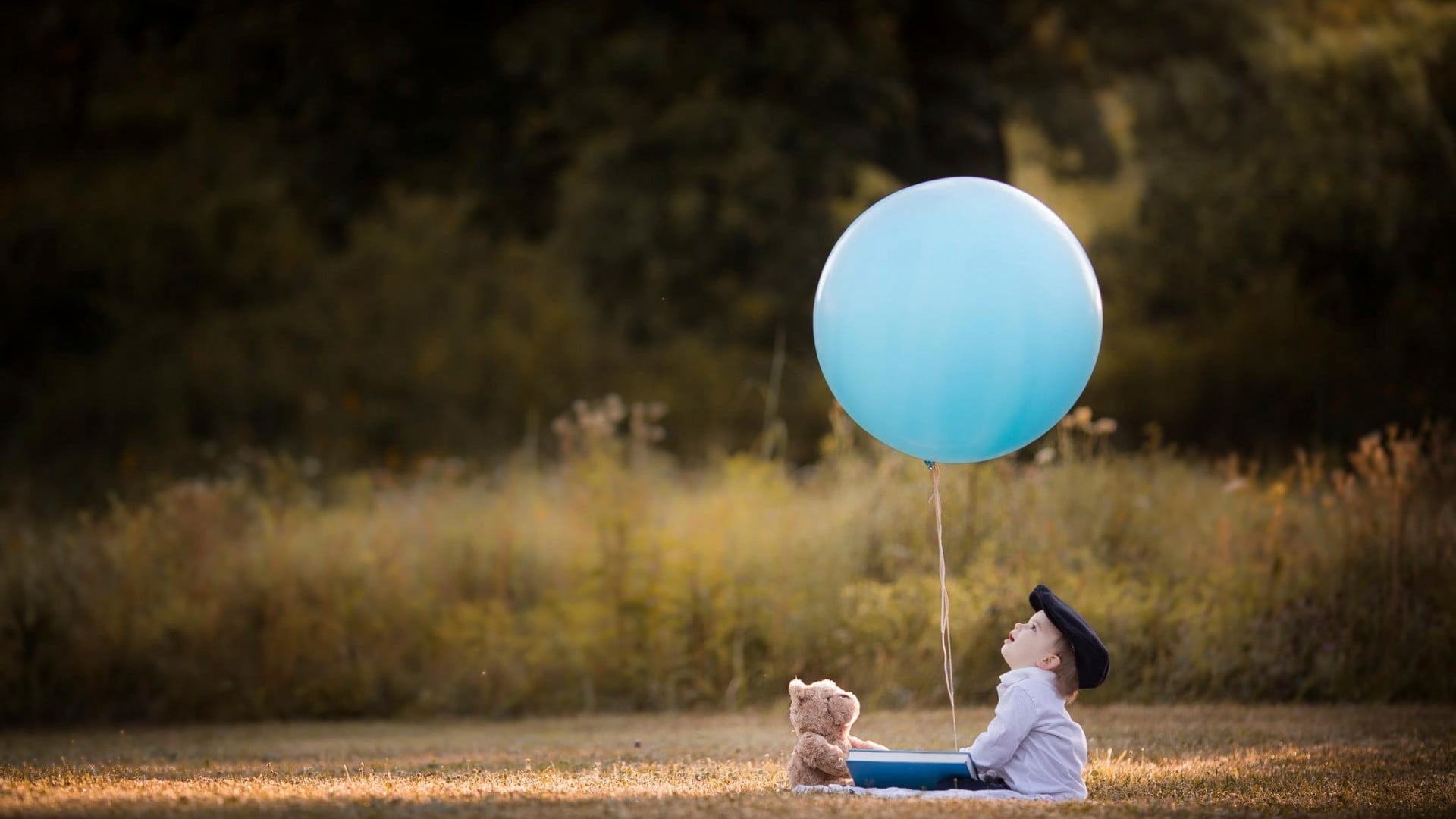 blue balloon and brown bear plush toy, balloon, teddy bears, looking up, children