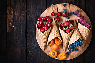 assorted fruits, food, fruit, wooden surface, Sugar Cones HD wallpaper