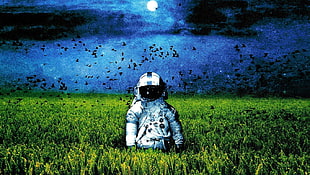 astronaut in middle of grass field painting, astronaut, artwork, album covers HD wallpaper