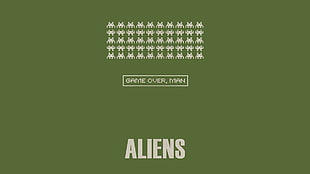 green background with aliens text overlay, digital art, GAME OVER, minimalism, text