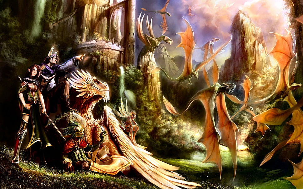 dragons and several human fictional character illustration, dragon, ruins HD wallpaper