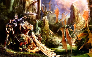 dragons and several human fictional character illustration, dragon, ruins