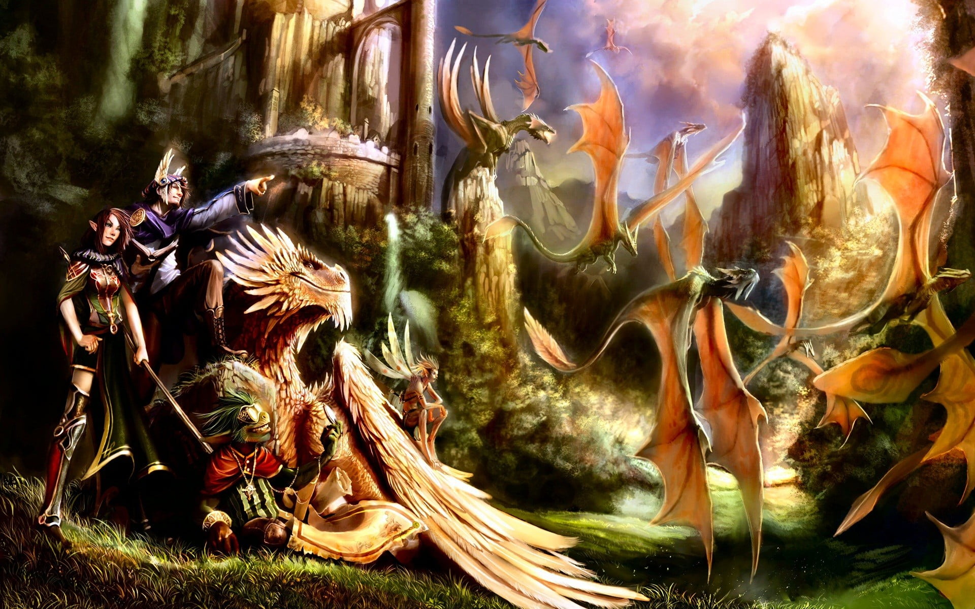 dragons and several human fictional character illustration, dragon, ruins