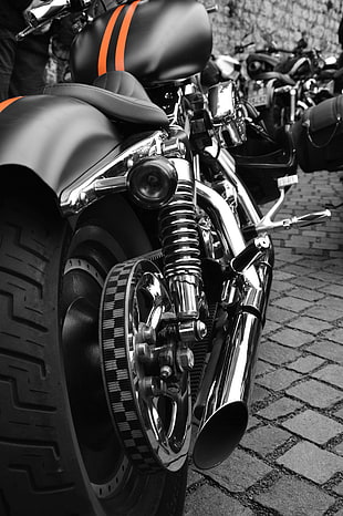 grayscale photography of black cruiser motorcycle