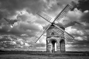 grayscale photo of windmill HD wallpaper