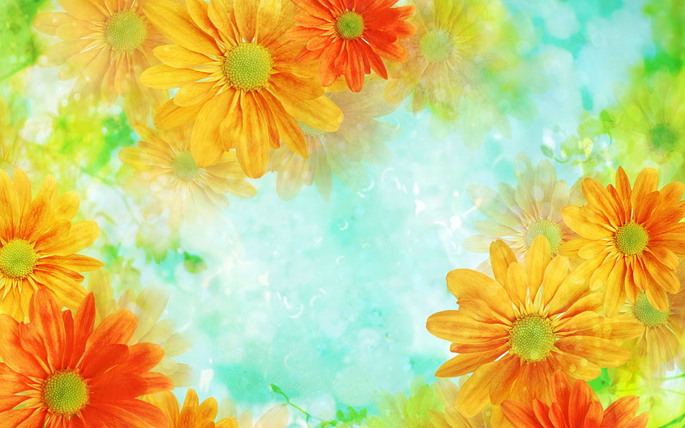 yellow, green, blue, and pink flowers painting HD wallpaper