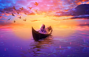 woman riding on canoe with flying flock of birds with sunset as background