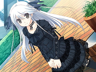 white long haired anime girl character wearing black lolita dress