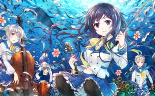 anime female character holding stick digital wallpaper, underwater, musical instrument, violin, fish