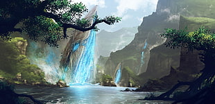 waterfalls wallpaper, river, fantasy art, nature, video games
