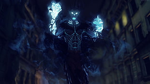 male anime character with lighted arms standing illustration
