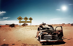 brown car, car, desert, sand, rust HD wallpaper