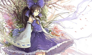 black-haired female anime character wallpaper, Hakurei Reimu, Touhou, flowers