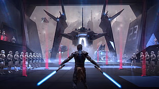 man standing and holding two lightsabers in front of an army of Stormtrooper with Darth Vader coming out of ship