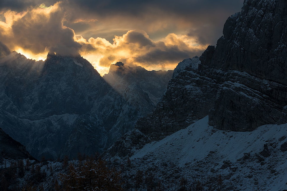 mountains, mountains, clouds, trees HD wallpaper