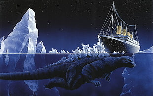 monster and cruiser ship illustration, Titanic, ice berg, sea