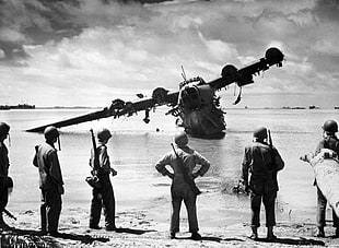 six soldier watching crashed airplane, war, World War II