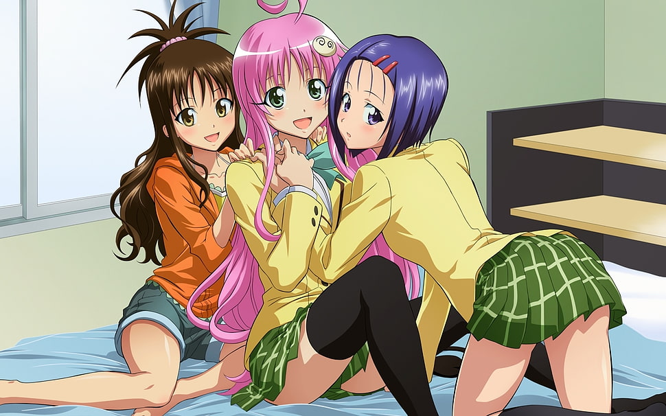 three girl anime HD wallpaper