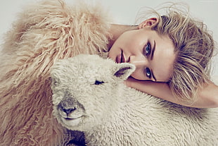 woman laying on lamb's back HD wallpaper