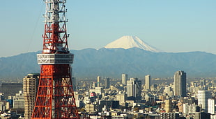 red and white electric tower, Japan, Tokyo, Tokyo Tower, Mount Fuji