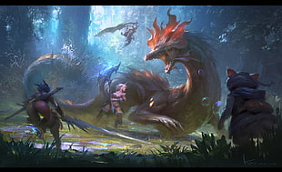 artwork of warriors and wyrm, fantasy art, dragon, Monster Hunter, Kirin
