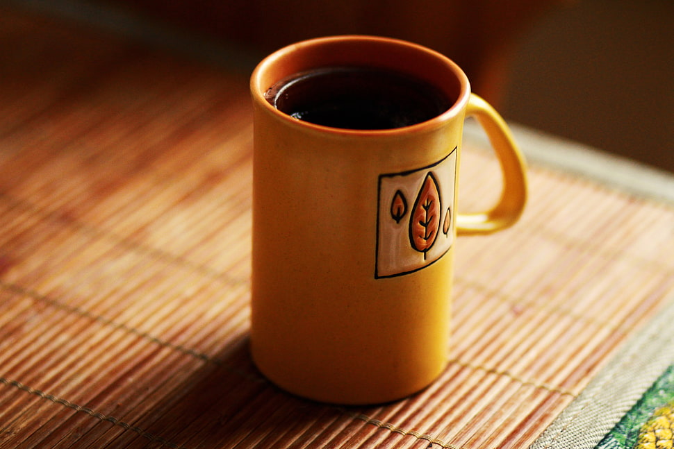 orange ceramic mug, coffee, tea, yellow, morning HD wallpaper