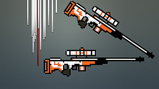 two orange-white-and-black rifles