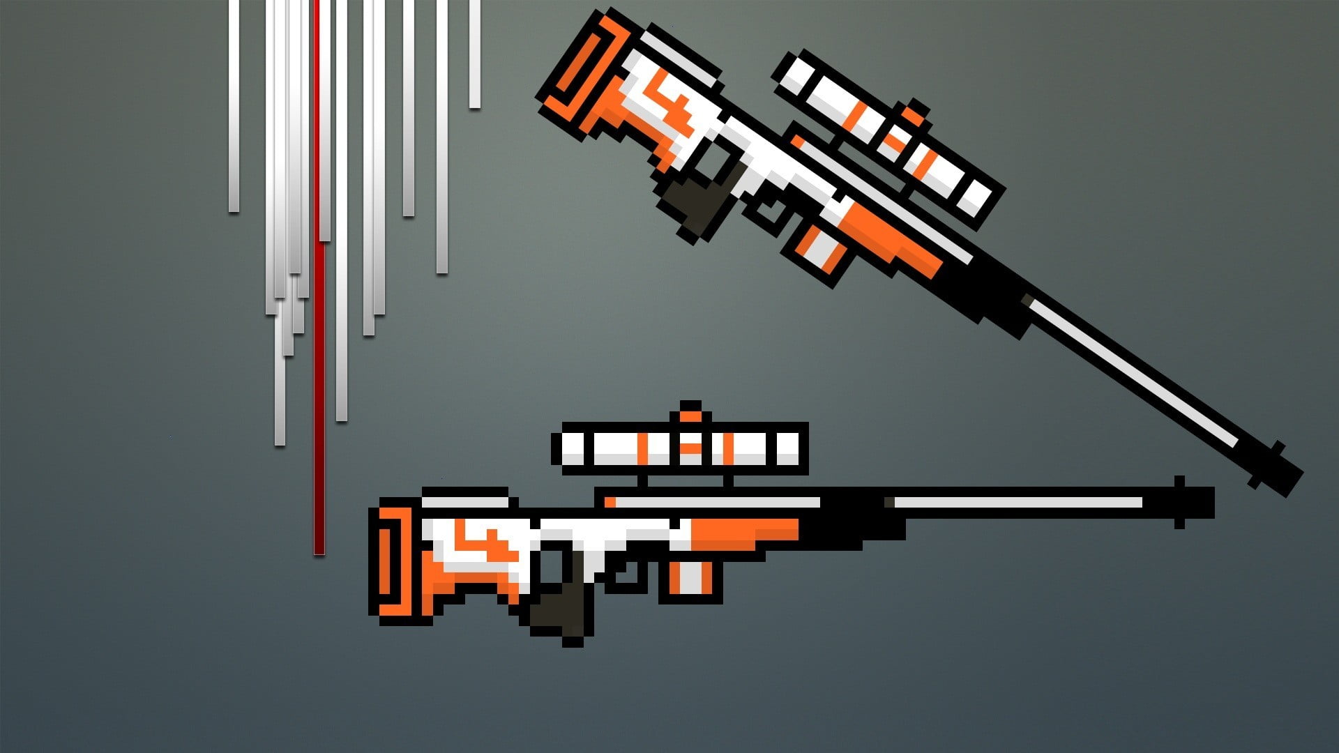 two orange-white-and-black rifles