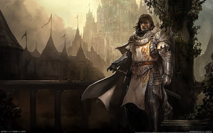 crusader with armor on terrace game illustration HD wallpaper