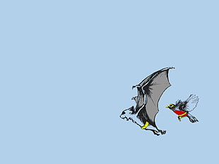 bat and myna bird illustration, minimalism, humor, Batman, robins
