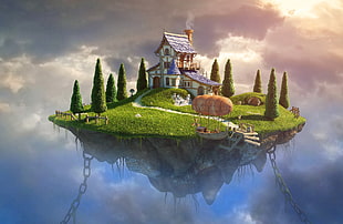 white and purple wooden house on floating land, fantasy art, digital art, house, trees