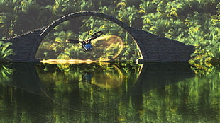 black and blue drone, nature, digital art, water, bridge