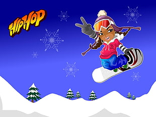 Hip Hop female in snowboard christmas animated illustration
