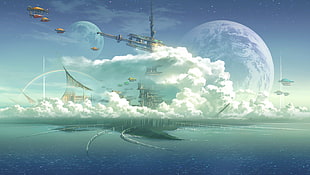 body of water, anime, fantasy art, sky, planet HD wallpaper