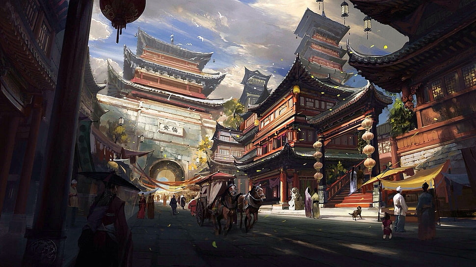 red and black pagoda illustration, Silkroad Online, fantasy city, video games HD wallpaper