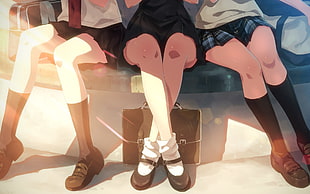 three woman anime character illustration, socks, shoes, skirt, school uniform