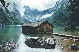 brown wooden house, nature, landscape, lake, boathouses
