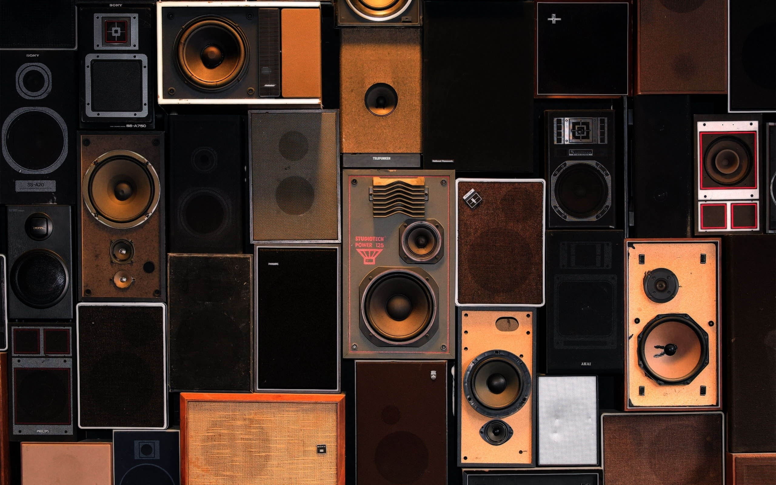 assorted-color speakers, music, speakers