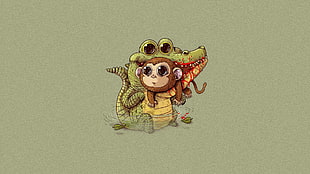 brown monkey about in green crocodile mouth clip art, animals, minimalism