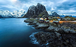 houses near calm water and ice-capped mountains, winter, mountains, coast, Norway