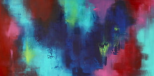 red, teal, and blue abstract painting