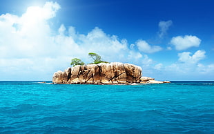 brown island on body of water, beach, island, nature, sea HD wallpaper
