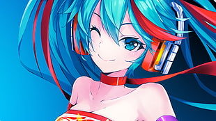 blue hair female anime character with headphones