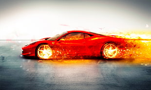 red super car wallpaper, Ferrari, car, fire, digital art
