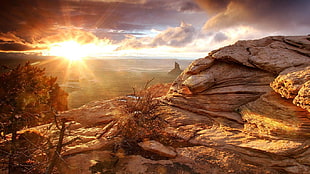 sunset, landscape, rock, sun rays, nature HD wallpaper