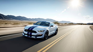 white and blue Ford Mustang, car, Ford Mustang Shelby, Shelby GT350, muscle cars HD wallpaper