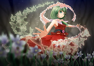 green haired red dress female anime character HD wallpaper