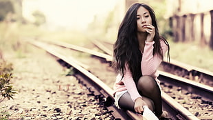 women, Asian, brunette, railway